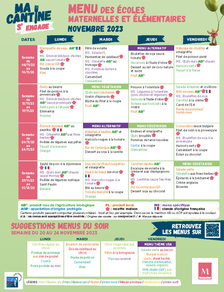 Menus des Écoles Publiques de la Ville de Montpellier - Novembre 2023