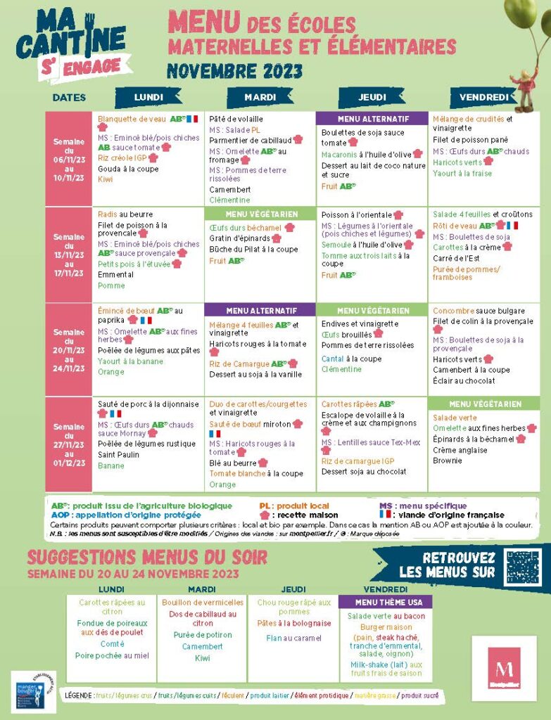 Menus des Écoles Publiques de la Ville de Montpellier - Novembre 2023